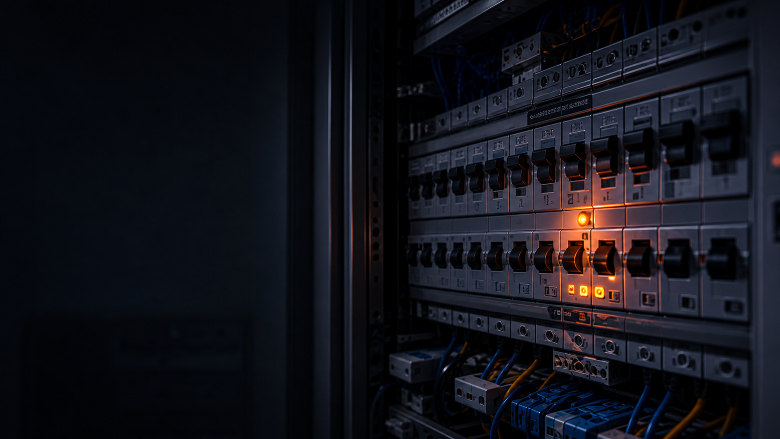 Close-up of a modern electrical switchboard with one breaker lit amber